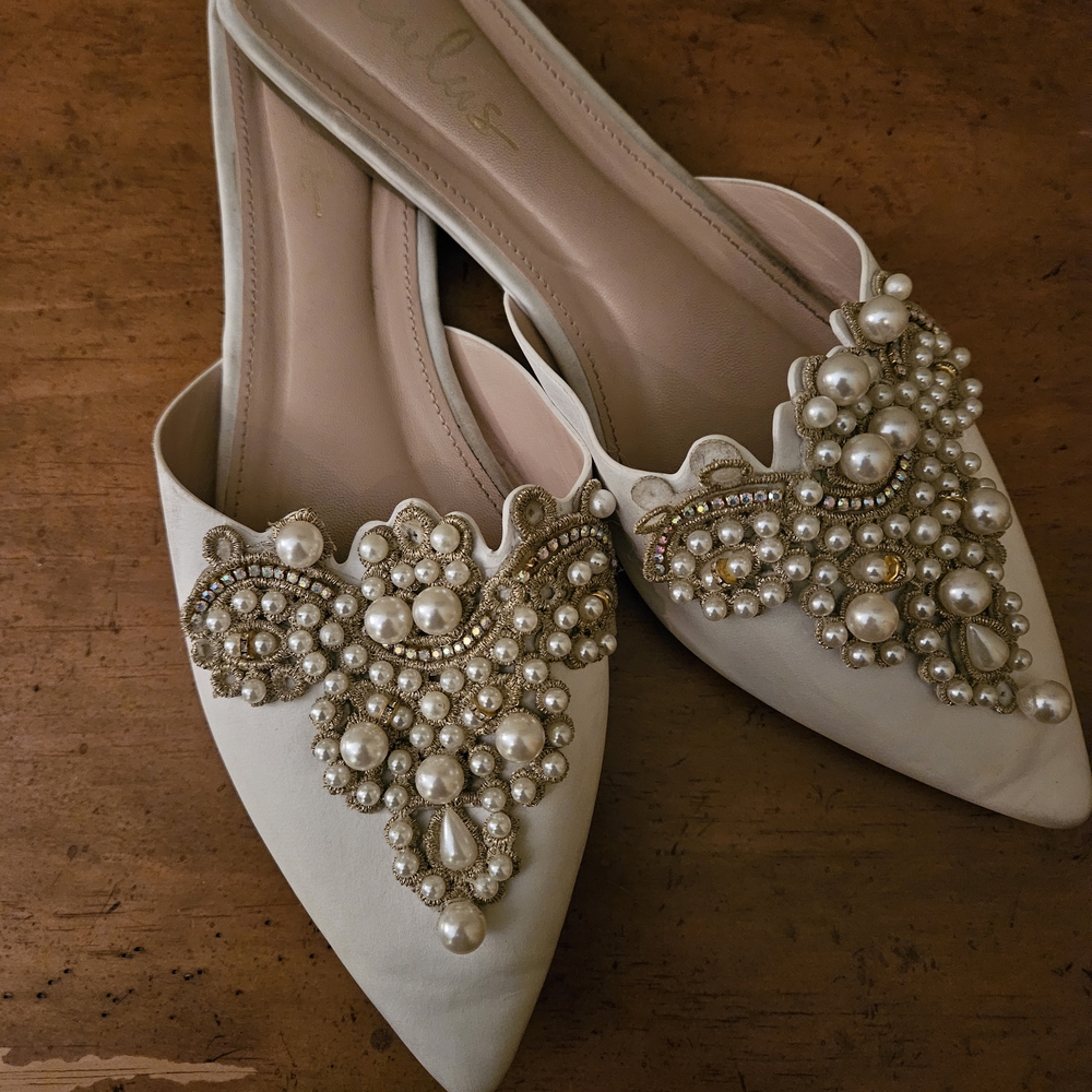 Ivory Pearl-Embellished Pointed Mules